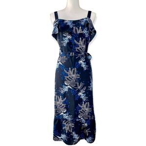Banana Republic Factory Blue White Floral Sash Waist Ruffle Midi Tank Dress NEW